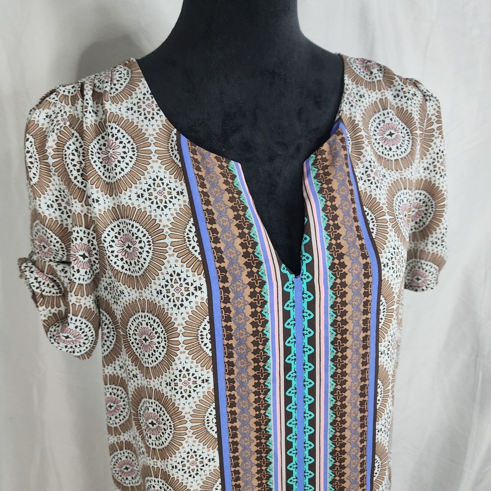 Vintage DANIEL RAINN Size Small Brown‎ Mandala Print V-neck Short Sleeve Blouse